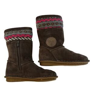 Clarks Snuggle Love Girls Faux Furr Lined Boots Gray Fair-Isle Knitted Cuff 8.5